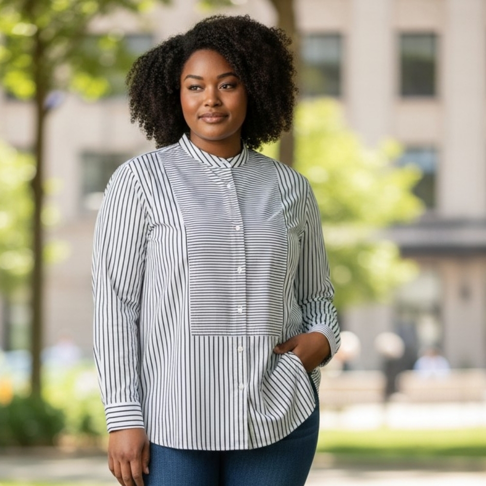 Striped Button-Front Women's Shirt - White/Black - Picture 3 of 6